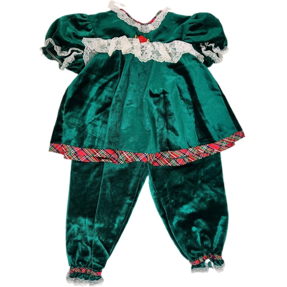 Vintage‎ 90s Evy Green Velvet Christmas Outfit 24M Plaid Lace Holiday Pants Top